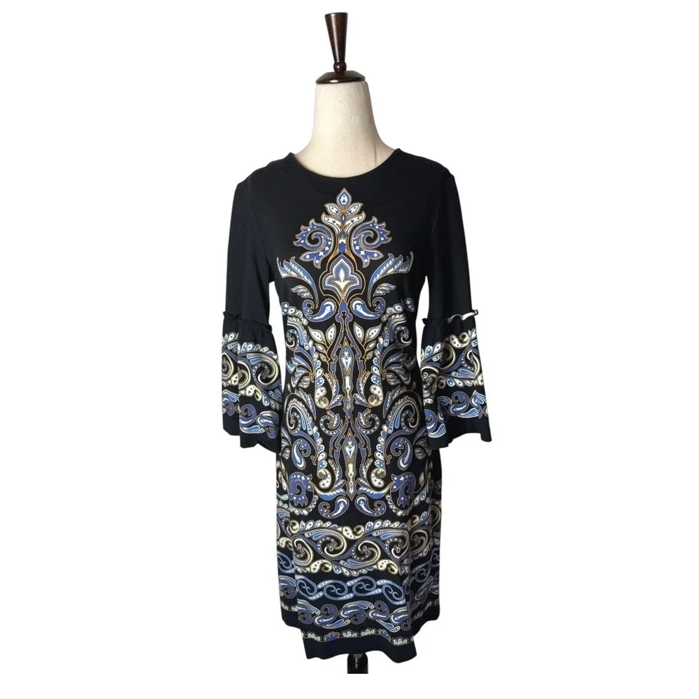 J McLaughlin Dress Women XS Black Blue Geometric Makayla Bell Sleeve Mini Preppy